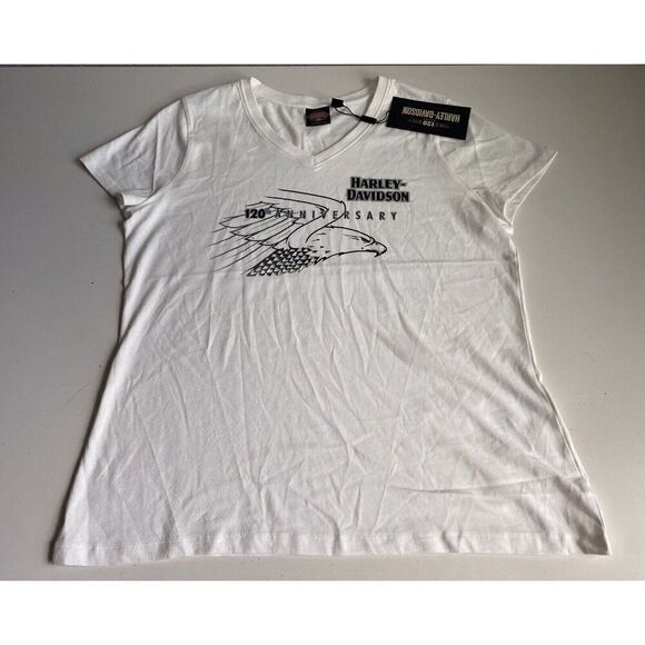 HARLEY DAVIDSON 120th Off White Eagle Knit Tee Short Sleeve Women's Sz XL NEW - Picture 1 of 8
